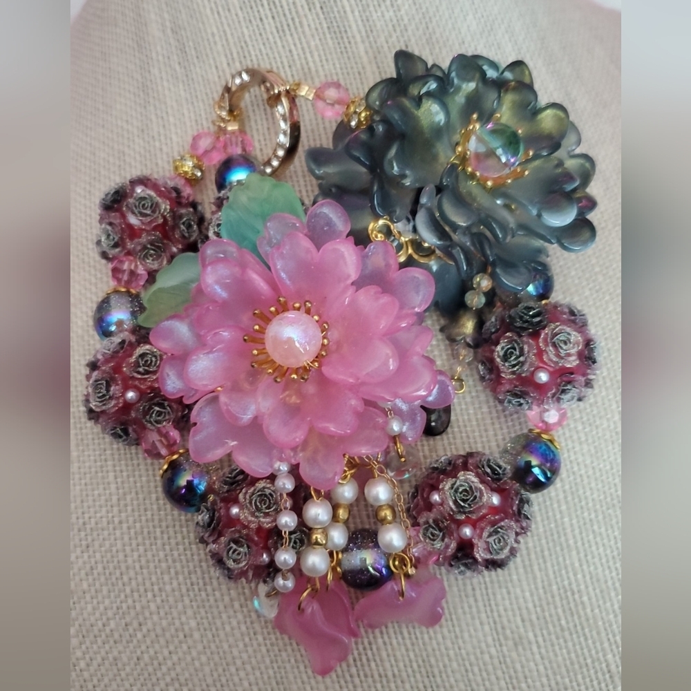 Custom Made Floral Pink and Gold Statement Bag Chain/ Phone CLIP